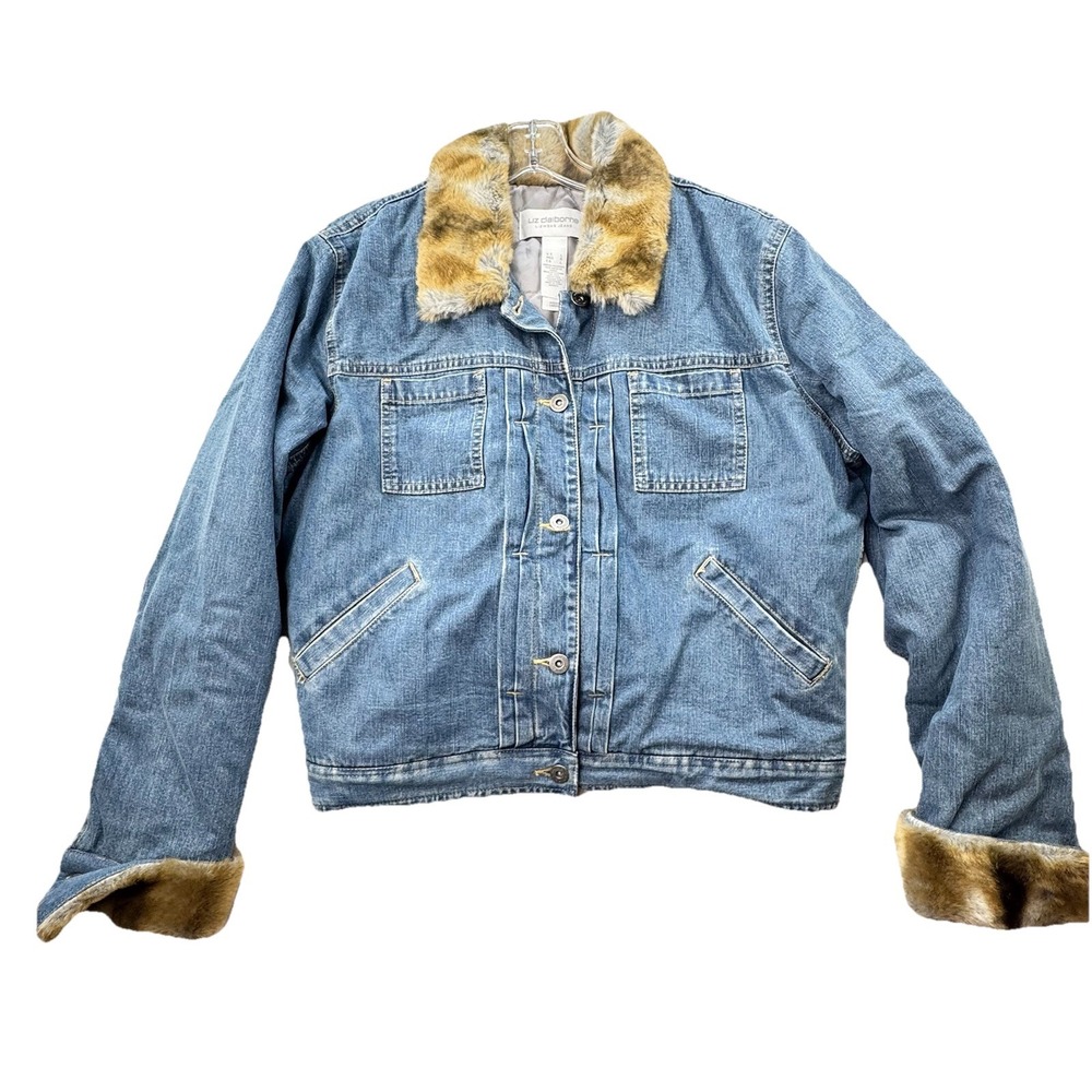 Vintage Y2K Denim Blue Jean Jacket Faux Fur Collar Trim Size Large Liz Claiborne